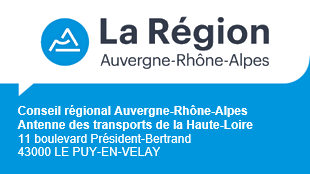 Logo et adresse de l'antenne des transports de la Haute-Loire de la Région Auvergne-Rhône-Alpes. Adresse postale : 11 boulevard Président-Bertrand, 43000 LE PUY-EN-VELAY. Cliquez pour accéder au site Internet de la Région Auvergne-Rhône-Alpes.